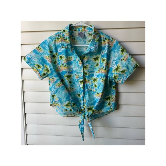 Tropical Turquoise Hawaiian Shirt Button Up with Tie Front Corona Beer Women XL - Picture 1 of 12